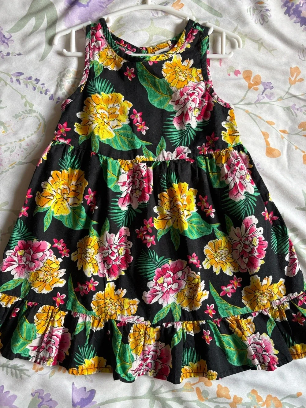 Old Navy Black Floral Tiered Sundress with Yellow & Pink Flowers